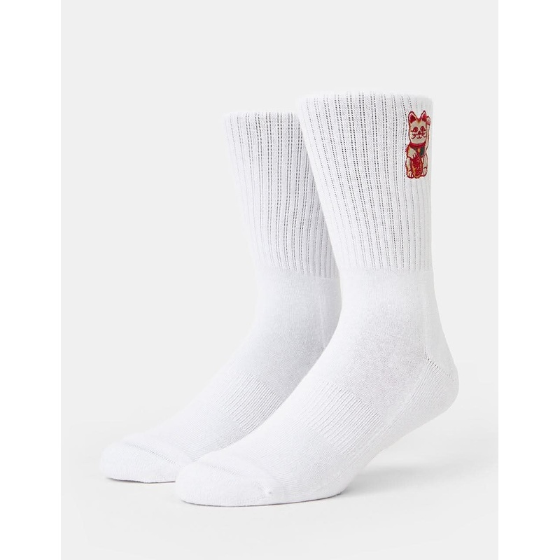 Lucky Cat Crew Socks – White
