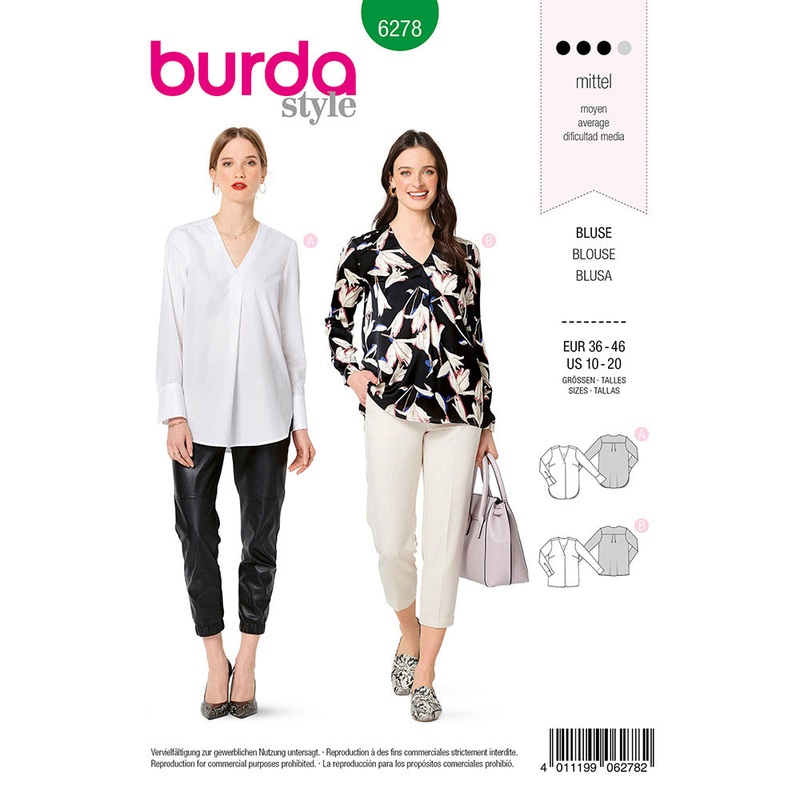 BURDA – 6278 Blouse with Back Yoke – V-Neckline – Front Side Pleat