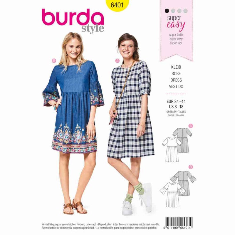 BURDA – 6401 Youthful Dress – Gathered Skirt – Wide Sleeves