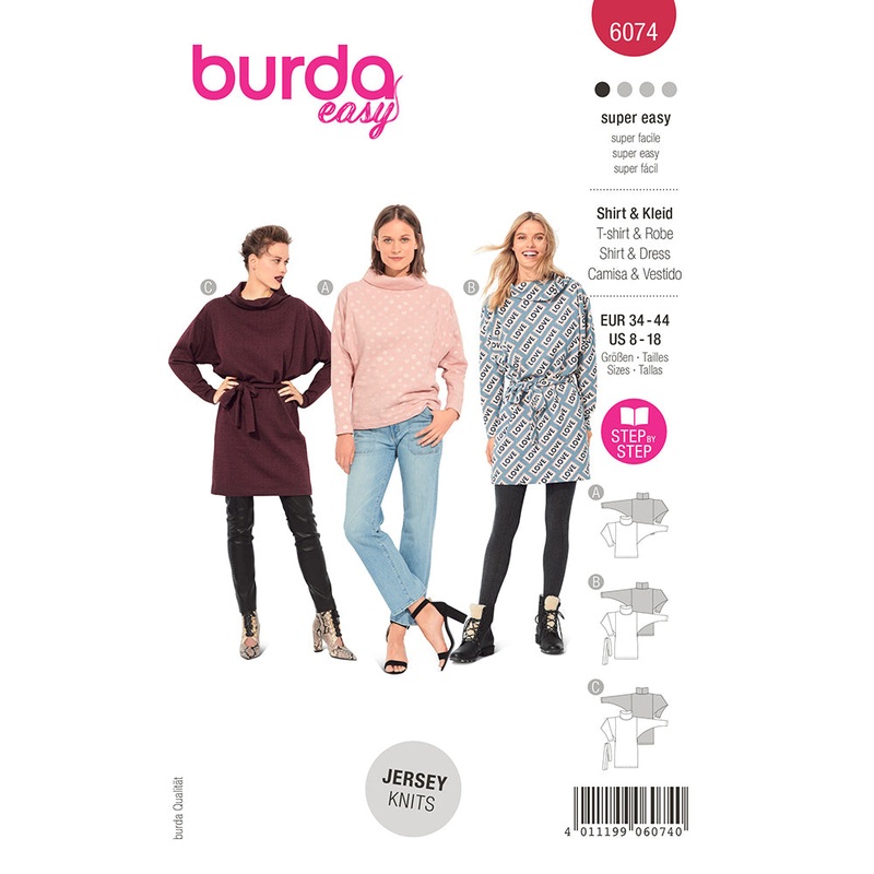 BURDA – 6074 Top, Dress  with Loose Roll Neck Collar