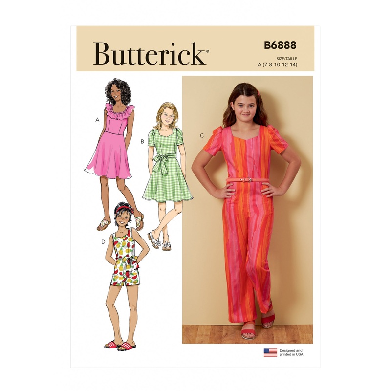 B6888 Girls’ Dress, Jumpsuit, Romper and Sash (7-8-10-12-14)