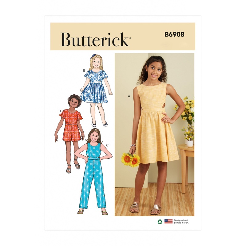 B6908 Girls’ Dress, Jumpsuit and Romper (7-8-10-12-14)