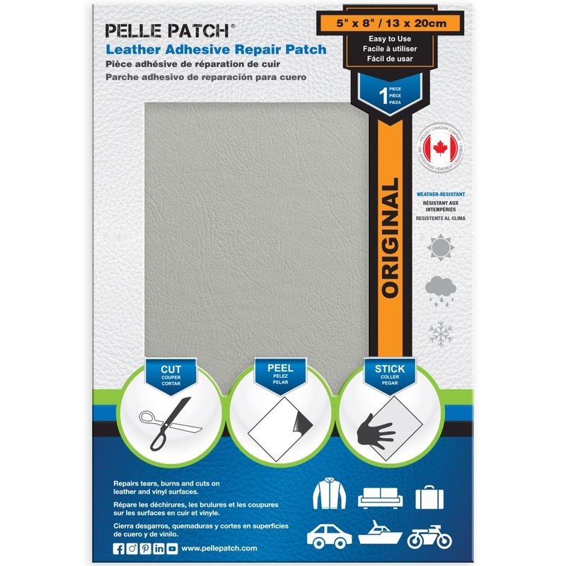 PELLE PATCH Leather Adhesive Repair Patch – Light Grey – 5 x 8 inch (13 x 20 cm)