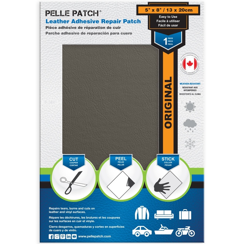 PELLE PATCH Leather Adhesive Repair Patch – Medium Grey – 5 x 8 inch (13 x 20 cm)