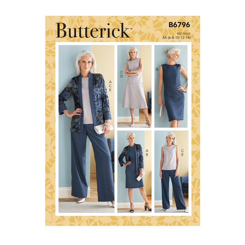 B6796 Misses’ Jacket, Dress, Top, Skirt & Pants