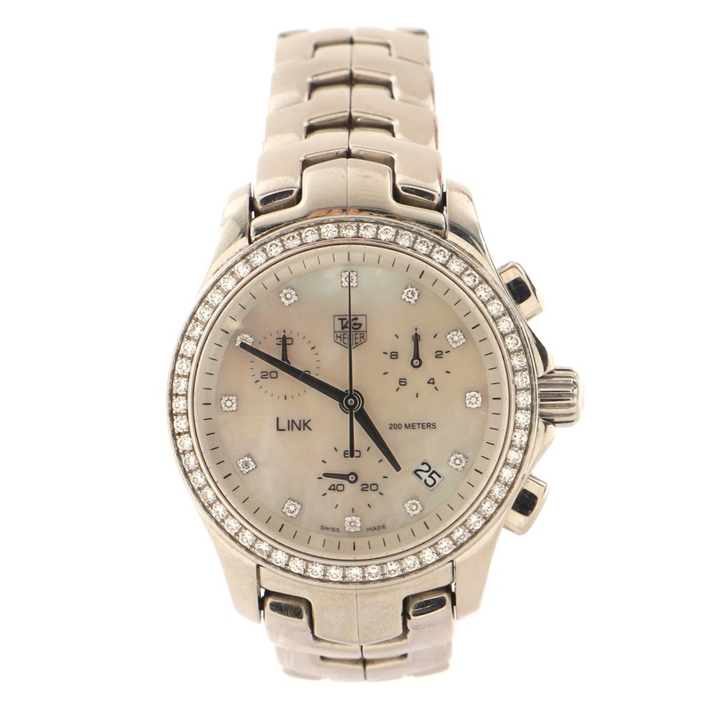 Link Chronograph Quartz Watch Stainless Steel with Diamond Bezel and Markers and Mother of Pearl 33