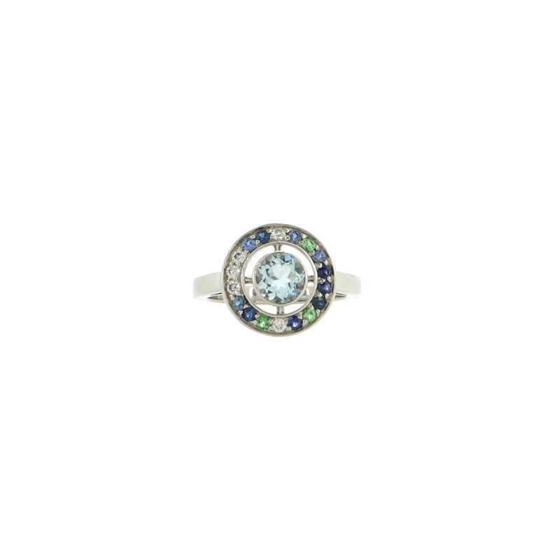 Ava Ring 18K White Gold with Aquamarine, Sapphire, Tsavorite and Diamonds