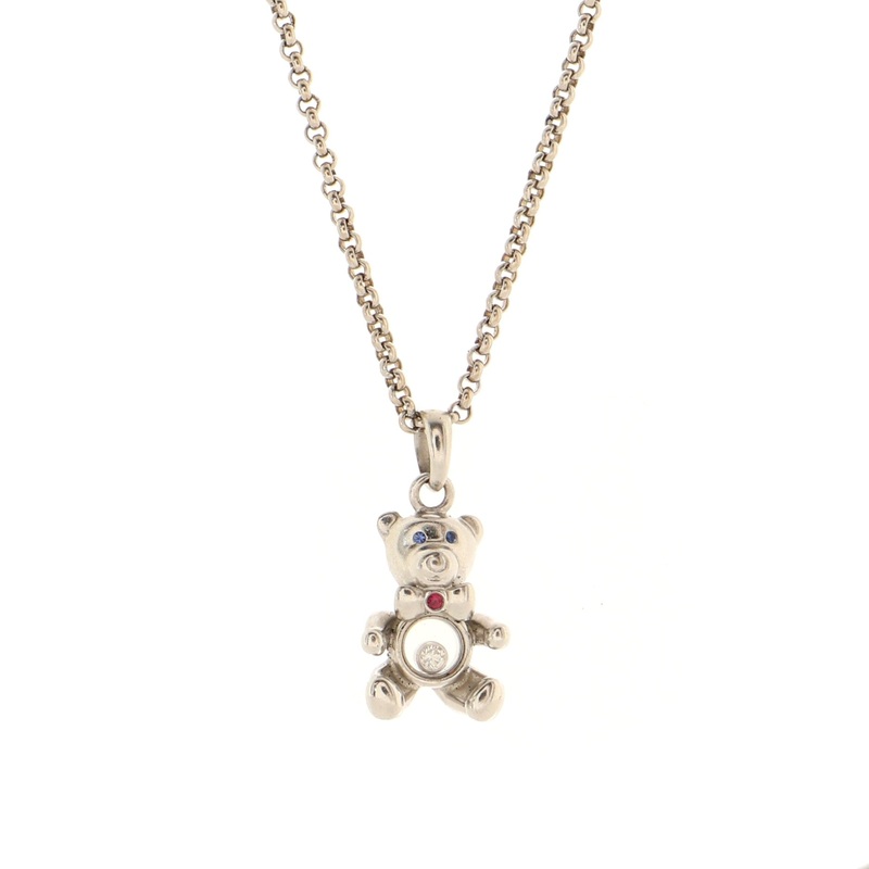 Happy Diamonds Teddy Bear Pendant Necklace 18K White Gold with Diamonds and 1 Floating Diamond