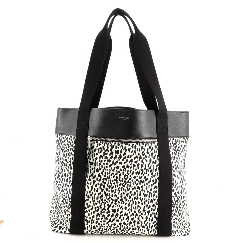 Front Zip Shopping Tote Printed Canvas with Leather Large
