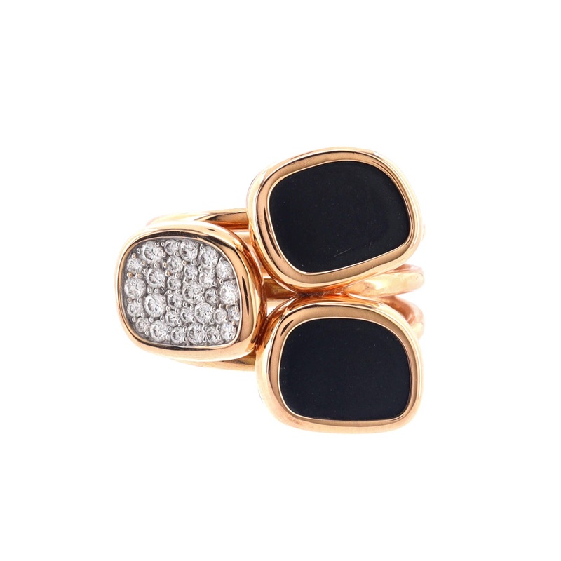 Three Stone Ring 18K Yellow Gold with Black Jade and Pave Diamonds