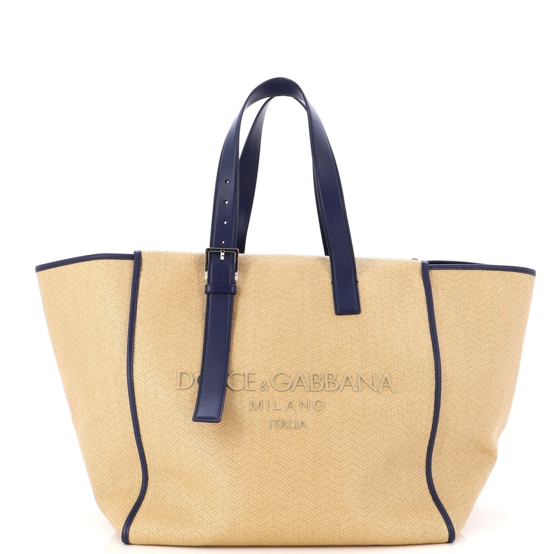 Embroidered Logo Shopping Tote Chevron Canvas with Leather Large