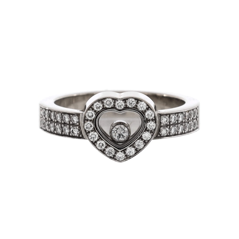Happy Diamonds 1 Diamond Heart Band Ring 18K White Gold with 2 Row Pave Diamonds and 1 Floating Diamond