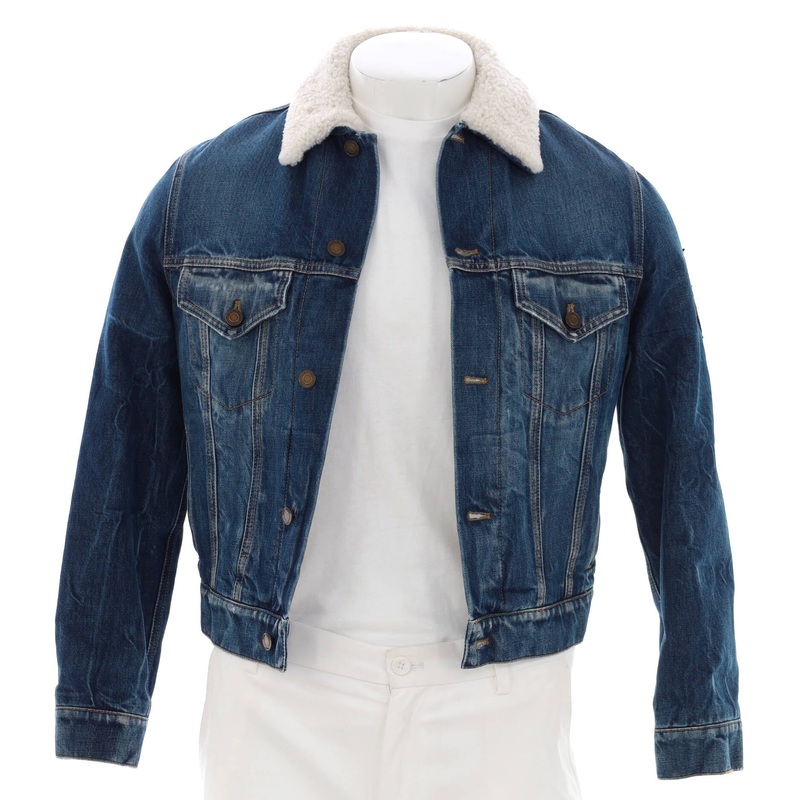 Men’s Military Logo Patch Collared Jacket Denim and Shearling