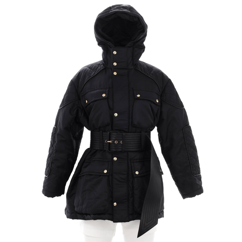 Women’s Hooded Belted Puffer Jacket Quilted Polyamide with Down Blend and Leather