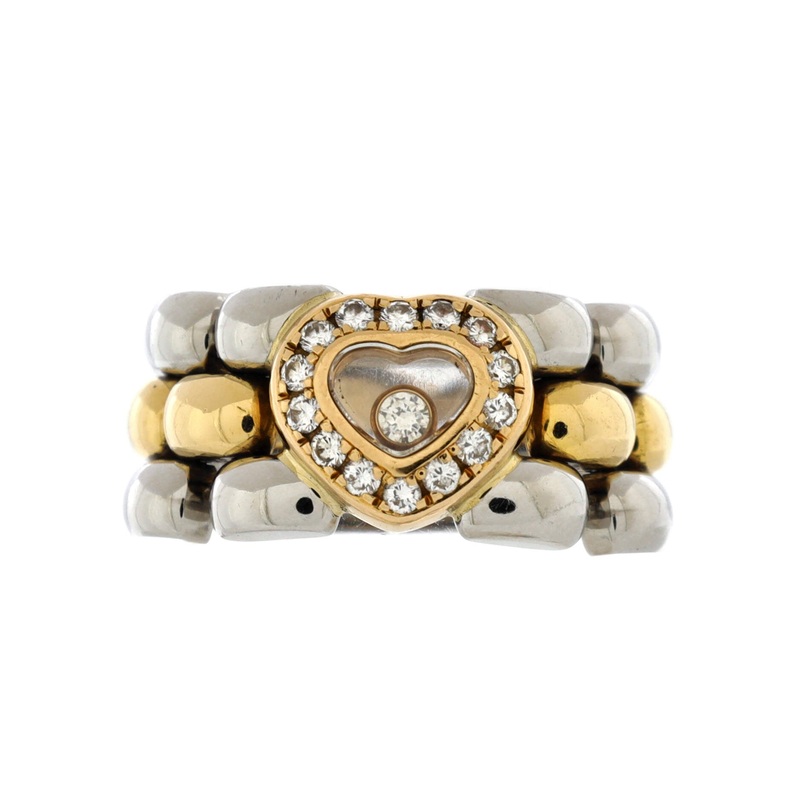 Happy Diamonds Heart Ring Stainless Steel and 18K Yellow Gold with Pave Diamonds and 1 Floating Diamond