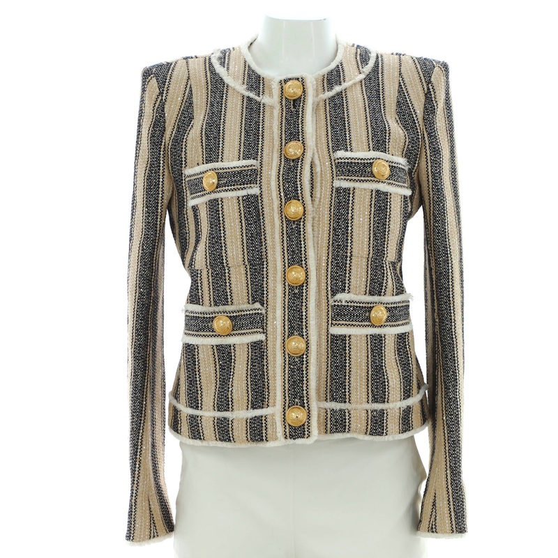 Women’s Striped Collarless Button Up Jacket Sequin Embellished Cotton Blend Sequin Embellished Cotton Blend