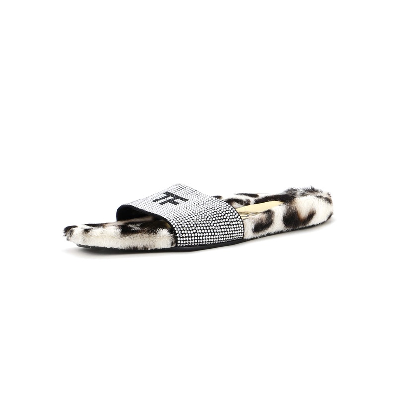Women’s TF Pool Slide Sandals Calf Hair and Crystal Embellished Leather