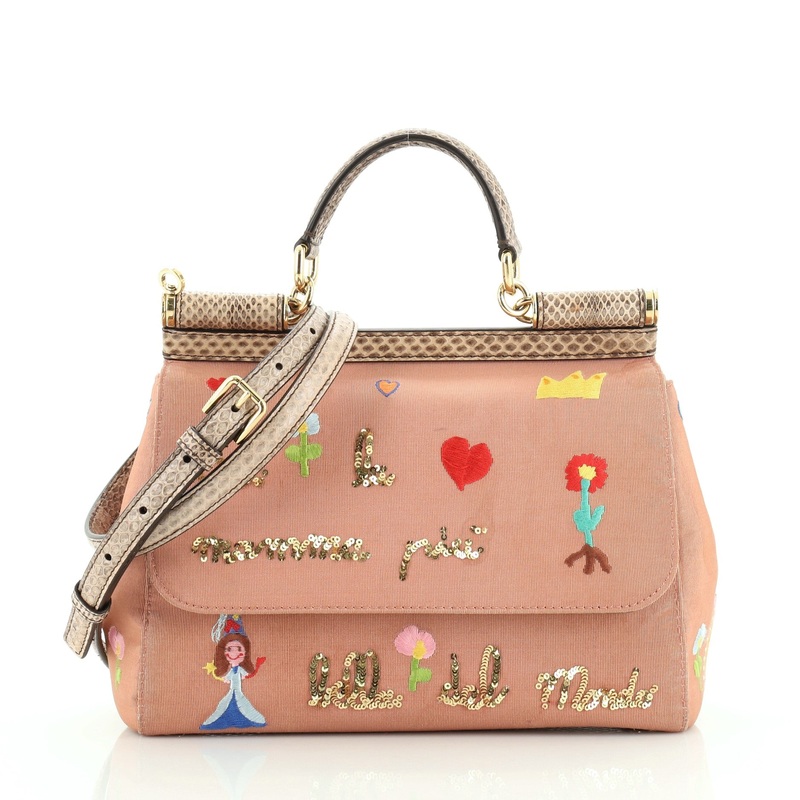 Miss Sicily Bag Embroidered Grosgrain with Python Medium