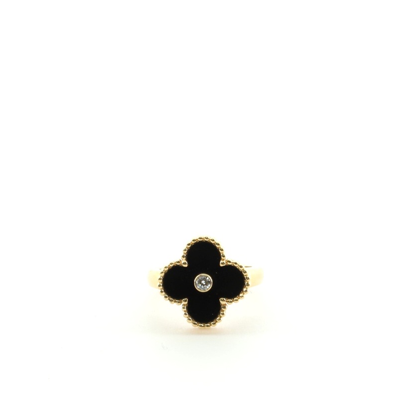 Vintage Alhambra Ring 18K Yellow Gold and Onyx with Diamond 4.5 – 48