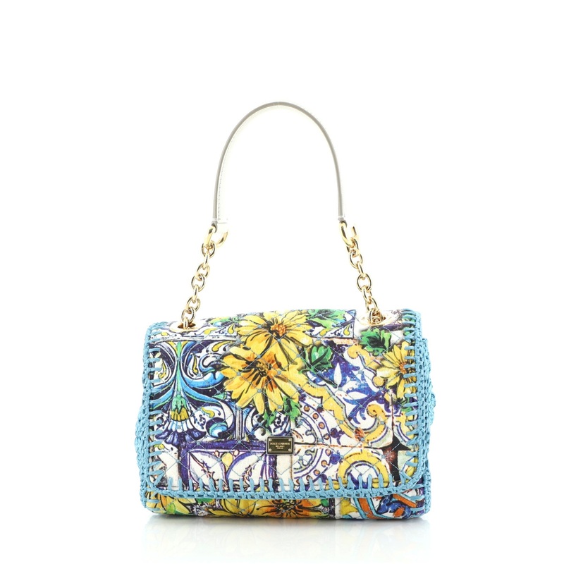 Miss Charles Top Handle Bag Quilted Printed Canvas and Raffia Small
