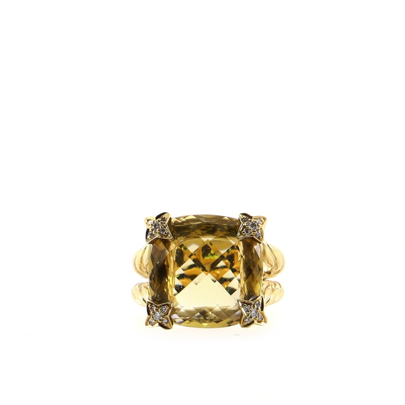 Cushion on Point Ring 18K Yellow Gold with Diamonds and Lemon Quartz 15mm 6