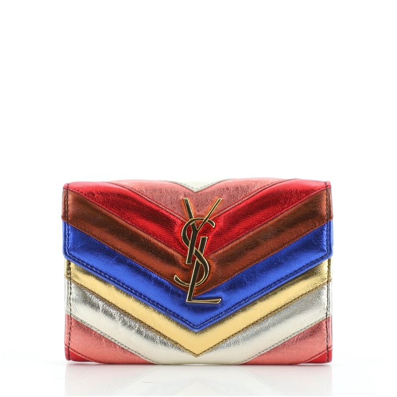 Classic Monogram College Envelope Wallet Multicolor Matelasse Chevron Leather Compact